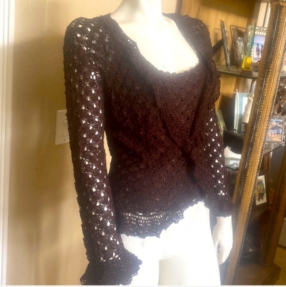 2pc Carmen Marc Valvo Brown Beaded Sequins Crocheted Tank & Cardigan Set L/XL - Picture 2 of 9